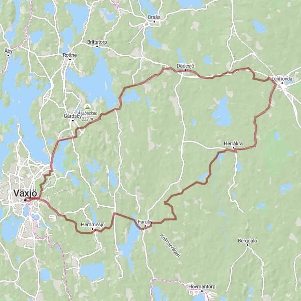 Map miniature of "The Gravel Escape" cycling inspiration in Småland med öarna, Sweden. Generated by Tarmacs.app cycling route planner