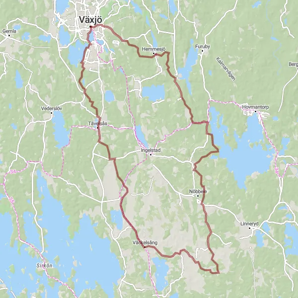 Map miniature of "The Lakeside Gravel Loop" cycling inspiration in Småland med öarna, Sweden. Generated by Tarmacs.app cycling route planner