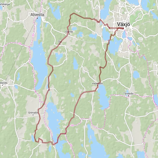 Map miniature of "Vederslöv Loop" cycling inspiration in Småland med öarna, Sweden. Generated by Tarmacs.app cycling route planner