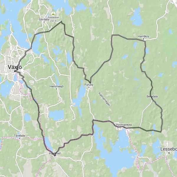 Kartminiatyr av "Historisk rutt från Växjö till Teleborgs Slott" cykelinspiration i Småland med öarna, Sweden. Genererad av Tarmacs.app cykelruttplanerare