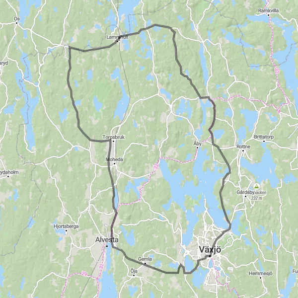 Map miniature of "Gemla Countryside Adventure" cycling inspiration in Småland med öarna, Sweden. Generated by Tarmacs.app cycling route planner