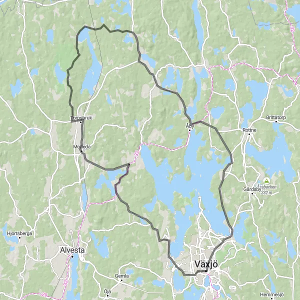 Map miniature of "Scenic Aneboda Circuit" cycling inspiration in Småland med öarna, Sweden. Generated by Tarmacs.app cycling route planner