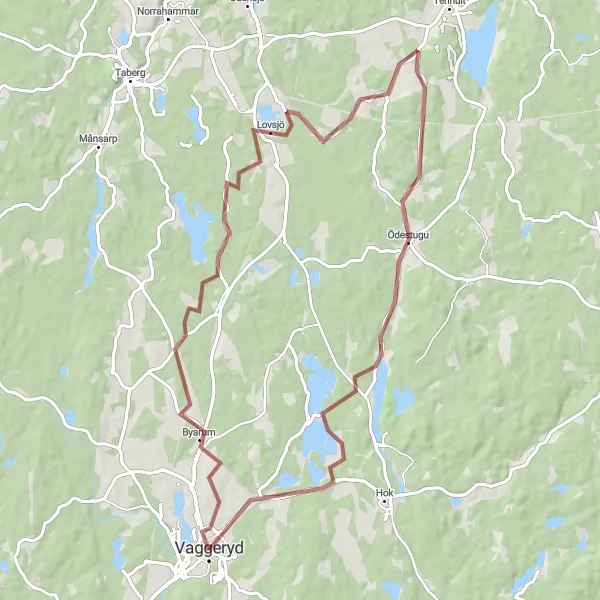 Kartminiatyr av "Grusväg till Ödestugu via Byarum" cykelinspiration i Småland med öarna, Sweden. Genererad av Tarmacs.app cykelruttplanerare