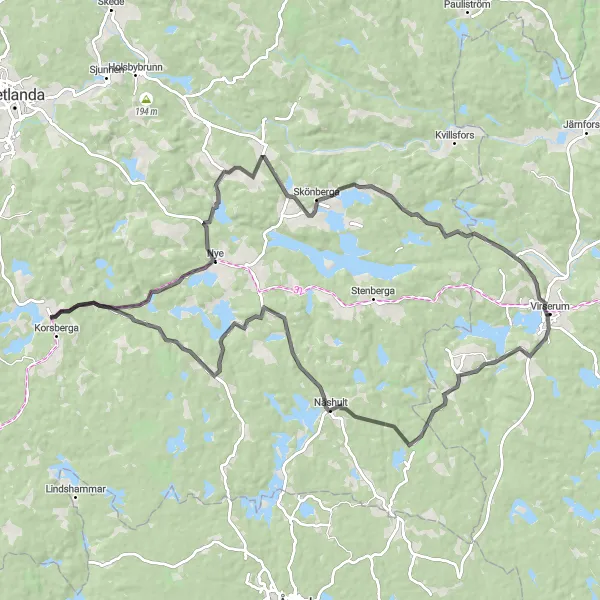 Map miniature of "Virserum-Näshult-Gatu-Nye-Skirö-Slagdala" cycling inspiration in Småland med öarna, Sweden. Generated by Tarmacs.app cycling route planner