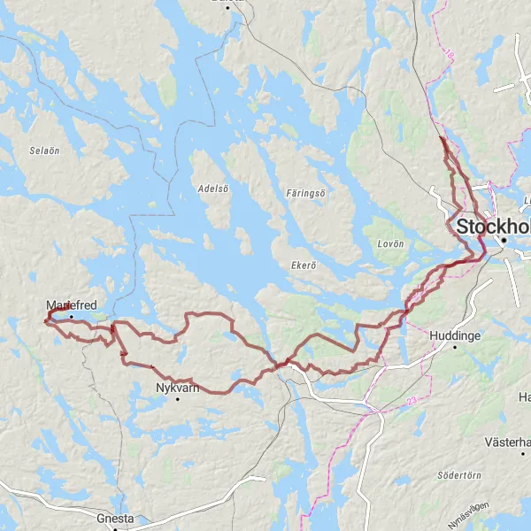 Kartminiatyr av "Grusvägsäventyret runt Stockholm" cykelinspiration i Stockholm, Sweden. Genererad av Tarmacs.app cykelruttplanerare