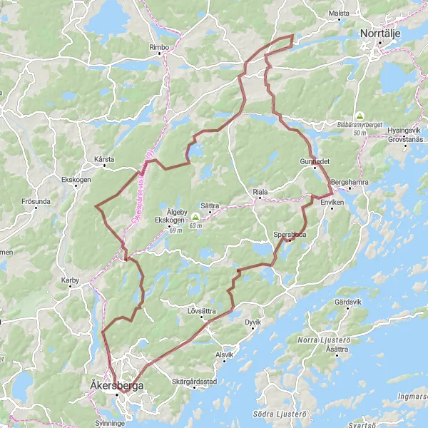 Map miniature of "The Rural Gravel Adventure" cycling inspiration in Stockholm, Sweden. Generated by Tarmacs.app cycling route planner