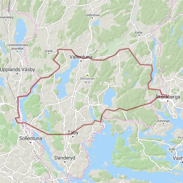 Map miniature of "Gravel Cycling Adventure near Åkersberga" cycling inspiration in Stockholm, Sweden. Generated by Tarmacs.app cycling route planner