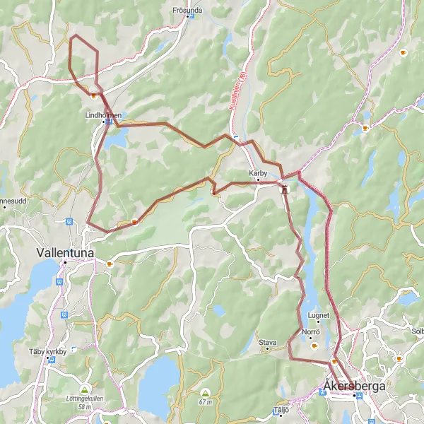 Map miniature of "Discover Hidden Gravel Gems" cycling inspiration in Stockholm, Sweden. Generated by Tarmacs.app cycling route planner