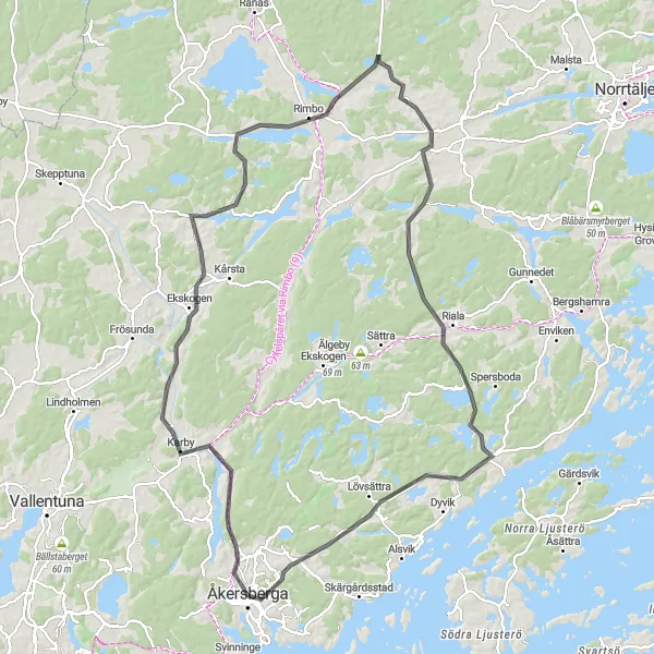 Map miniature of "Åkersberga - Karby - Kårstaby - Rimbo - Finsta - Vira bruk - Åkersberga" cycling inspiration in Stockholm, Sweden. Generated by Tarmacs.app cycling route planner