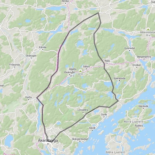 Kartminiatyr av "Vägar att upptäcka från Åkersberga till Rö" cykelinspiration i Stockholm, Sweden. Genererad av Tarmacs.app cykelruttplanerare