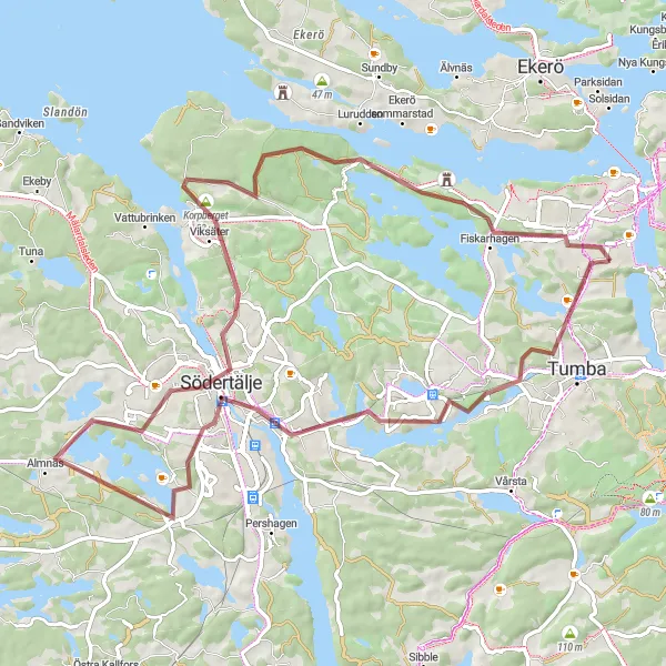 Map miniature of "Norrbyvret Gravel Adventure" cycling inspiration in Stockholm, Sweden. Generated by Tarmacs.app cycling route planner