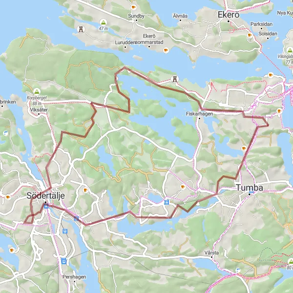 Kartminiatyr av "Idylliska Grusvägar och Naturnära Upplevelser" cykelinspiration i Stockholm, Sweden. Genererad av Tarmacs.app cykelruttplanerare