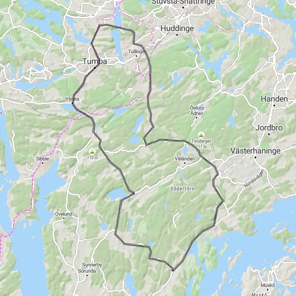 Map miniature of "Tungelsta and Back" cycling inspiration in Stockholm, Sweden. Generated by Tarmacs.app cycling route planner