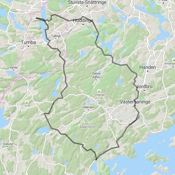 Kartminiatyr av "Värdiga Backar och Slott" cykelinspiration i Stockholm, Sweden. Genererad av Tarmacs.app cykelruttplanerare