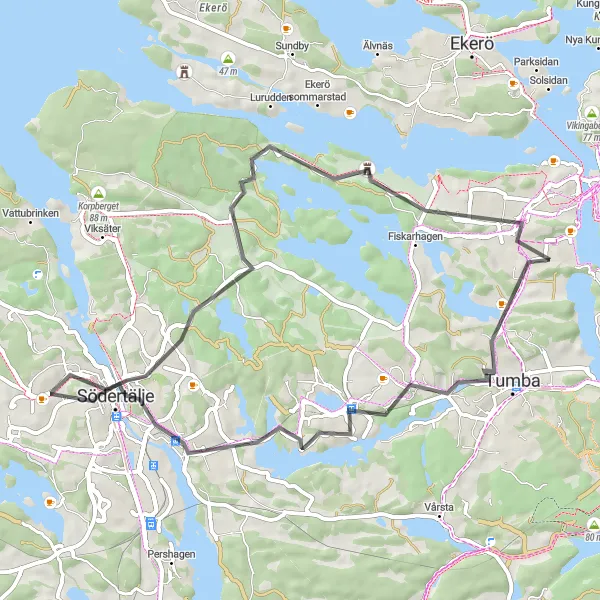 Kartminiatyr av "Vägcykling till Alby och tillbaka" cykelinspiration i Stockholm, Sweden. Genererad av Tarmacs.app cykelruttplanerare