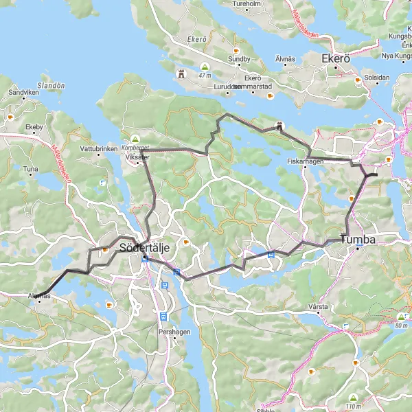 Map miniature of "Södertälje Adventure" cycling inspiration in Stockholm, Sweden. Generated by Tarmacs.app cycling route planner