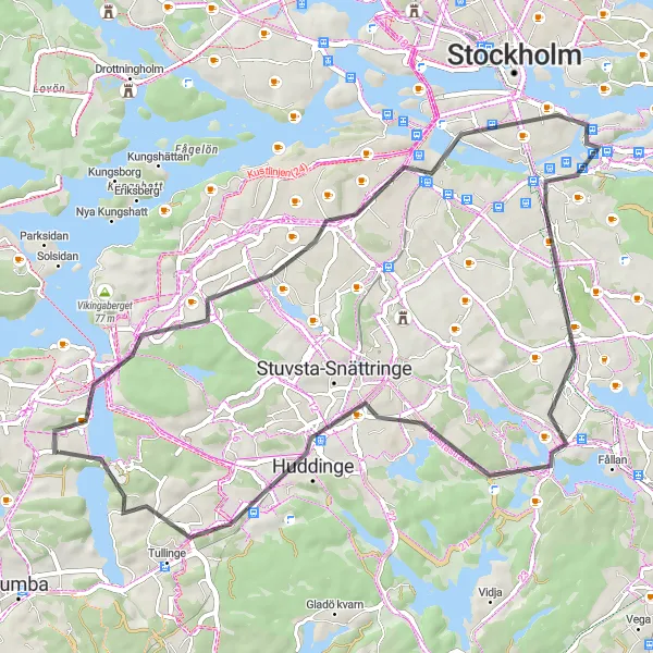 Map miniature of "The South Stockholm Loop" cycling inspiration in Stockholm, Sweden. Generated by Tarmacs.app cycling route planner