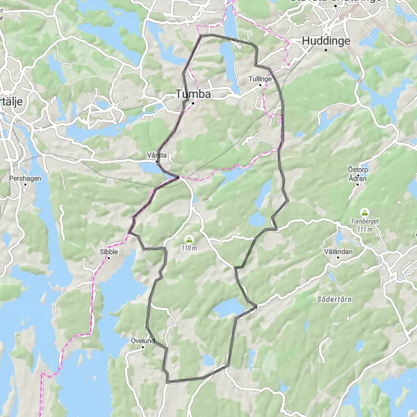 Map miniature of "Tullinge and Hummeltorp Loop" cycling inspiration in Stockholm, Sweden. Generated by Tarmacs.app cycling route planner