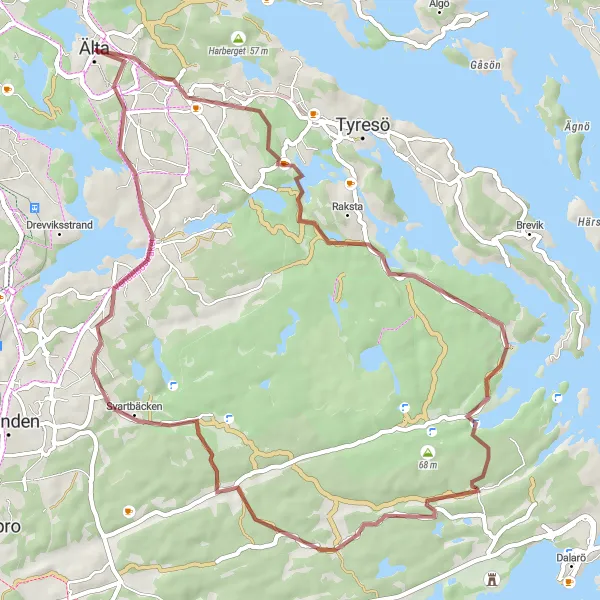 Map miniature of "Älta Gravel Adventure" cycling inspiration in Stockholm, Sweden. Generated by Tarmacs.app cycling route planner