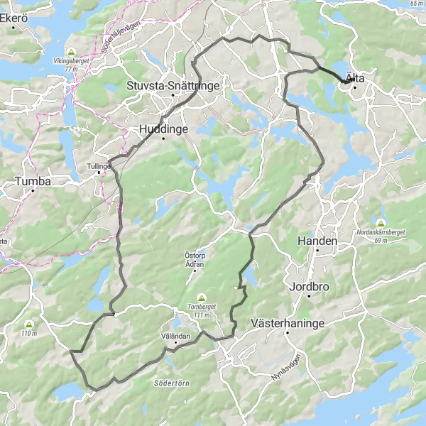 Map miniature of "The Sköndal Loop" cycling inspiration in Stockholm, Sweden. Generated by Tarmacs.app cycling route planner