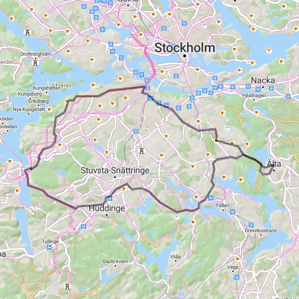 Kartminiatyr av "50 km Landsvägscykelrunda från Älta" cykelinspiration i Stockholm, Sweden. Genererad av Tarmacs.app cykelruttplanerare