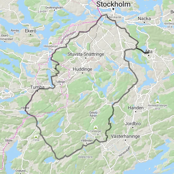 Map miniature of "The Älta Adventure" cycling inspiration in Stockholm, Sweden. Generated by Tarmacs.app cycling route planner