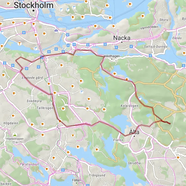 Kartminiatyr av "Naturupplevelser på grusvägar runt Hammarbytoppen" cykelinspiration i Stockholm, Sweden. Genererad av Tarmacs.app cykelruttplanerare