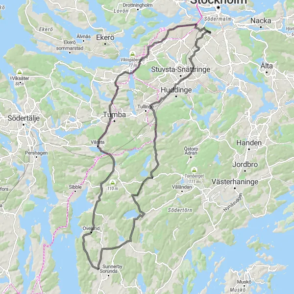 Kartminiatyr av "Årsta till Aspudden med City View" cykelinspiration i Stockholm, Sweden. Genererad av Tarmacs.app cykelruttplanerare