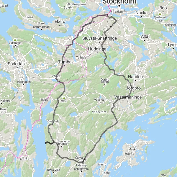 Kartminiatyr av "Havsnära utflykt till Vårsta och Nybodaberget" cykelinspiration i Stockholm, Sweden. Genererad av Tarmacs.app cykelruttplanerare