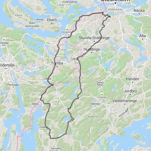 Map miniature of "Sjödalen-Fullersta Road Ride" cycling inspiration in Stockholm, Sweden. Generated by Tarmacs.app cycling route planner