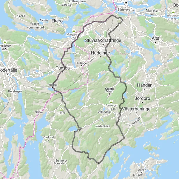 Kartminiatyr av "Utsiktspunkter från Årsta till Nybohovsberget" cykelinspiration i Stockholm, Sweden. Genererad av Tarmacs.app cykelruttplanerare