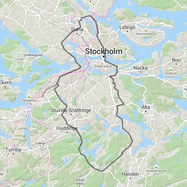 Kartminiatyr av "Stockholm till Bergshamra Runtur" cykelinspiration i Stockholm, Sweden. Genererad av Tarmacs.app cykelruttplanerare