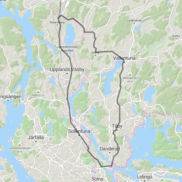 Kartminiatyr av "Sollentuna till Täby via Rosersberg" cykelinspiration i Stockholm, Sweden. Genererad av Tarmacs.app cykelruttplanerare