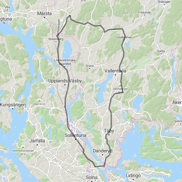 Kartminiatyr av "Sollentuna till Täby via Kimsta" cykelinspiration i Stockholm, Sweden. Genererad av Tarmacs.app cykelruttplanerare