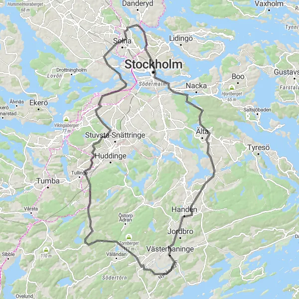 Kartminiatyr av "Stockholm till Tungelsta via Handen" cykelinspiration i Stockholm, Sweden. Genererad av Tarmacs.app cykelruttplanerare