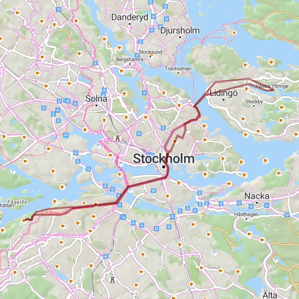 Kartminiatyr av "Historiska Platser och Grusvägar" cykelinspiration i Stockholm, Sweden. Genererad av Tarmacs.app cykelruttplanerare