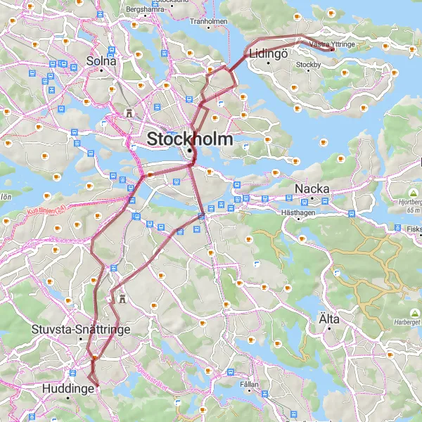 Kartminiatyr av "Grusväg till Stockholm och Utsiktspunkt" cykelinspiration i Stockholm, Sweden. Genererad av Tarmacs.app cykelruttplanerare