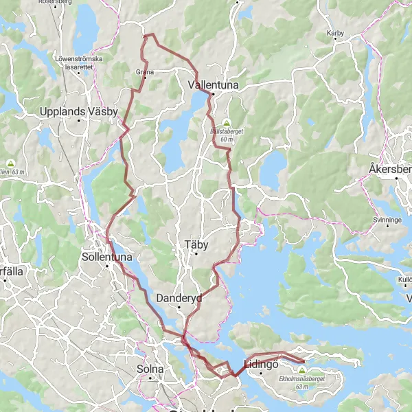 Kartminiatyr av "Grusväg till Ulkriksdal's Castle och Vallentuna" cykelinspiration i Stockholm, Sweden. Genererad av Tarmacs.app cykelruttplanerare