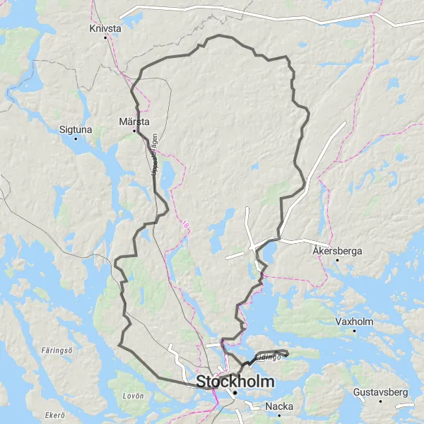 Kartminiatyr av "Lidingö och Märsta Äventyr" cykelinspiration i Stockholm, Sweden. Genererad av Tarmacs.app cykelruttplanerare