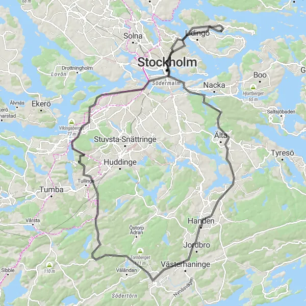 Kartminiatyr av "Vägcykling till Fåfängan och Tungelsta" cykelinspiration i Stockholm, Sweden. Genererad av Tarmacs.app cykelruttplanerare