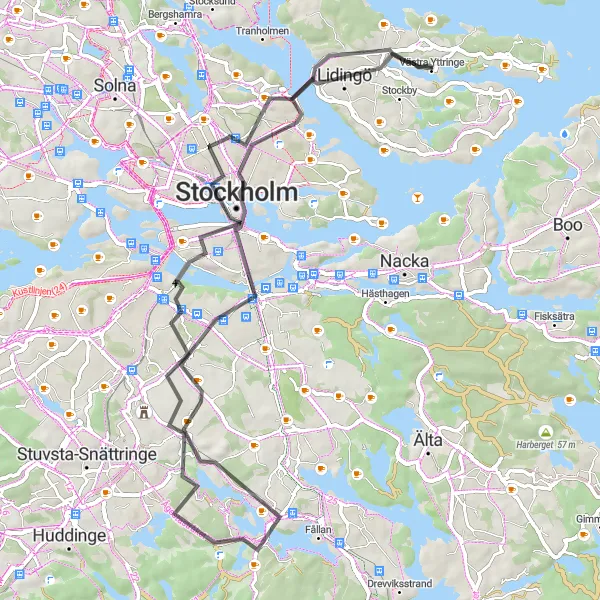 Kartminiatyr av "Vägcykling till Observatoriekullen och Farsta strand" cykelinspiration i Stockholm, Sweden. Genererad av Tarmacs.app cykelruttplanerare