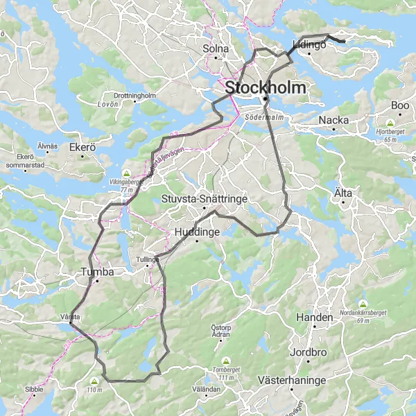 Map miniature of "The Stockholm Exploration" cycling inspiration in Stockholm, Sweden. Generated by Tarmacs.app cycling route planner