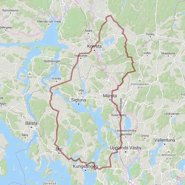 Kartminiatyr av "Bro - Kungsängen Grusvägscykelväg" cykelinspiration i Stockholm, Sweden. Genererad av Tarmacs.app cykelruttplanerare