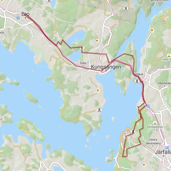 Map miniature of "Scenic Gravel Tour from Bro to Kungsängen" cycling inspiration in Stockholm, Sweden. Generated by Tarmacs.app cycling route planner