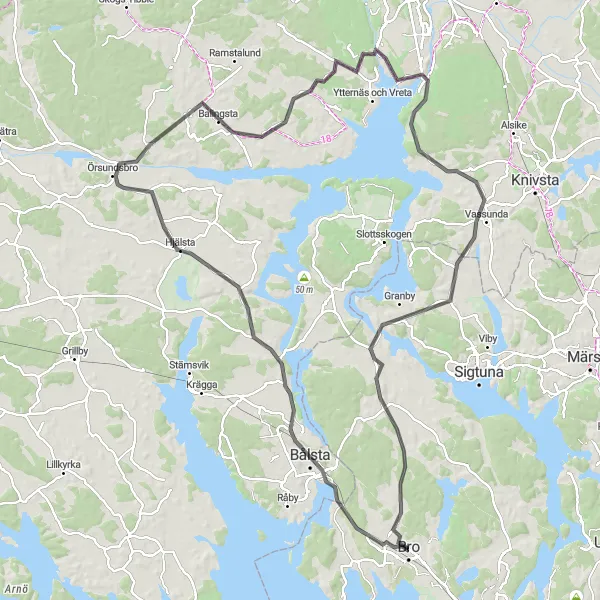 Map miniature of "Bålsta to Uppsala Epic Ride" cycling inspiration in Stockholm, Sweden. Generated by Tarmacs.app cycling route planner