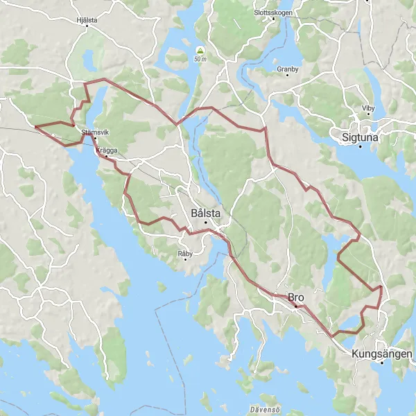 Kartminiatyr av "Brunna - Lillsjöbacken - Bålsta - Krägga - Övergran - Lejondalssjön" cykelinspiration i Stockholm, Sweden. Genererad av Tarmacs.app cykelruttplanerare