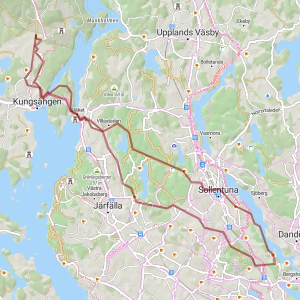 Map miniature of "A Relaxing Gravel Ride: Kungsängen to Runestone" cycling inspiration in Stockholm, Sweden. Generated by Tarmacs.app cycling route planner