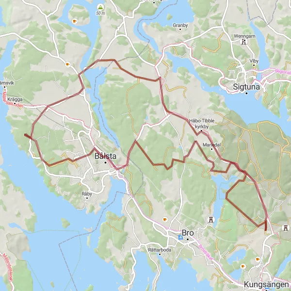 Kartminiatyr av "Lejondalssjön - Övergran - Bålsta" cykelinspiration i Stockholm, Sweden. Genererad av Tarmacs.app cykelruttplanerare