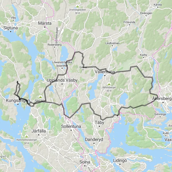 Map miniature of "Kungsängen and Täby Loop" cycling inspiration in Stockholm, Sweden. Generated by Tarmacs.app cycling route planner