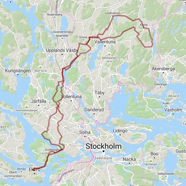 Kartminiatyr av "Grusvägar och slott på 132 km" cykelinspiration i Stockholm, Sweden. Genererad av Tarmacs.app cykelruttplanerare